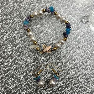 White Pearl Multi-Colored Pebble Styled Earring, Necklace, & Bracelet Set